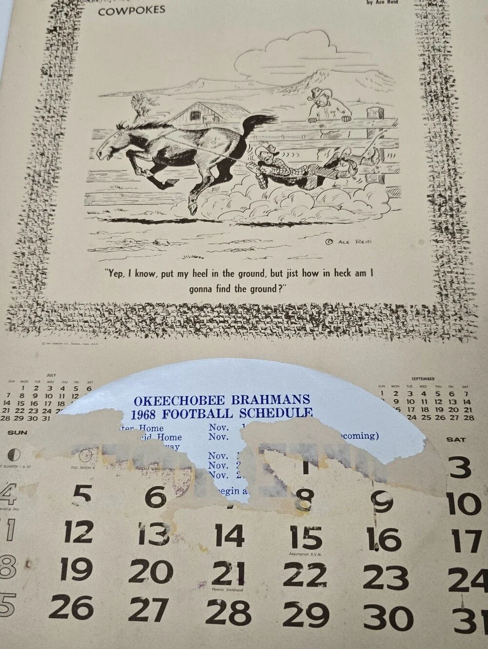 Vintage 1968 Cowboy Calendar Ace Reid Western Ranch Humor Calendar Rustic